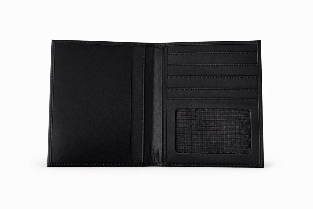 Porta pasaporte negro elegante y funcional de cuero 100%